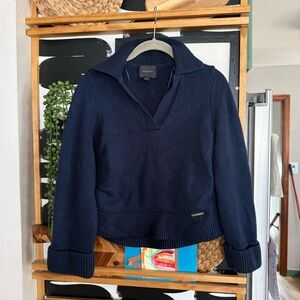 Magaschoni Navy Polo Collar Pullover Sweater | Ribbed Hem | Size S